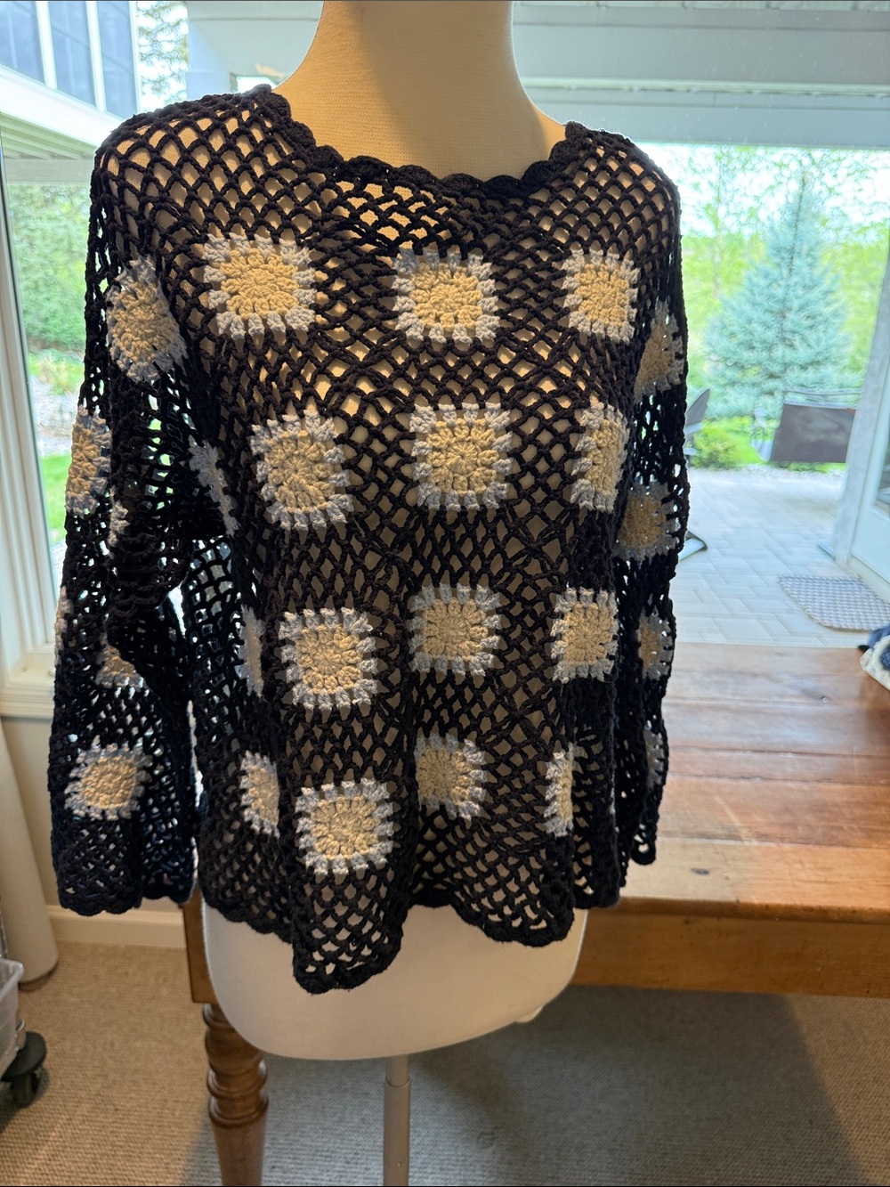 CHARLIE B Black Crochet Open-Weave Sweater with Cream Square Motifs